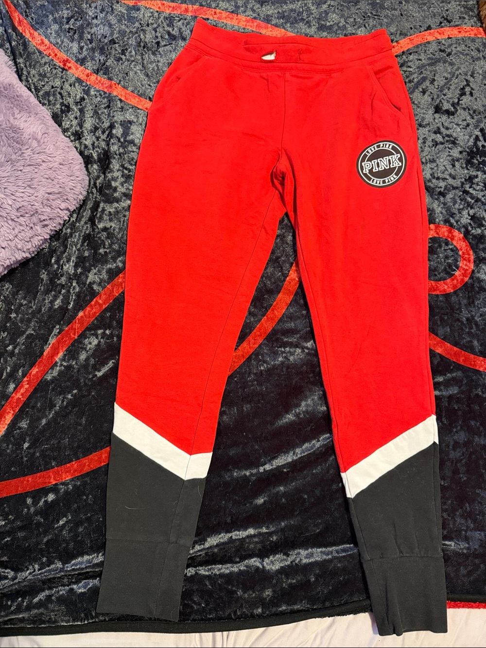 PINK Victoria's Secret Red Joggers with Black and White Colorblock Cuffs